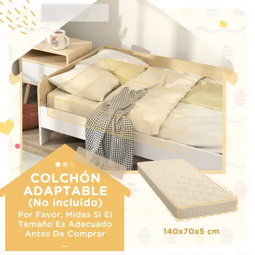 Cama para Niños de +3 Años 140x70 cm Carga 80 kg Blanco y Natural AIYAPLAY