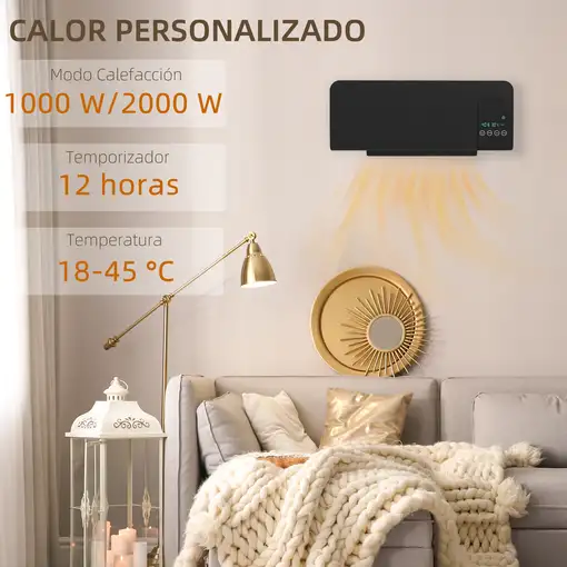 Calefactor Eléctrico de Pared 1000W/2000W Control Remoto 54,5x12x21,5 cm HOMCOM