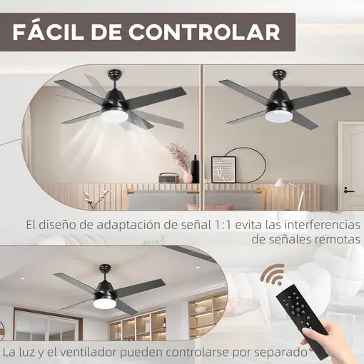 Ventilador de Techo con Luz 46W Ø129 cm Motor DC con 4 Aspas Negro HOMCOM