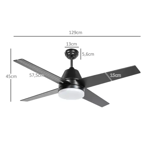 Ventilador de Techo con Luz 46W Ø129 cm Motor DC con 4 Aspas Negro HOMCOM