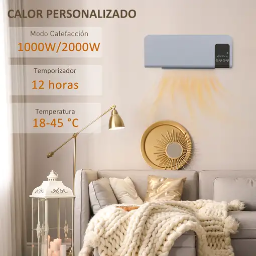 Calefactor Eléctrico de Pared 1000W/2000W Control Remoto 54,5x12x21,5 cm HOMCOM