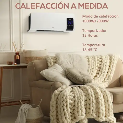 Calefactor Eléctrico de Pared 1000W/2000W Control Remoto 54,5x12x21,5 cm HOMCOM