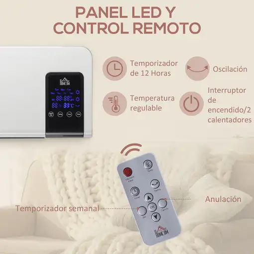 Calefactor Eléctrico de Pared 1000W/2000W Control Remoto 54,5x12x21,5 cm HOMCOM