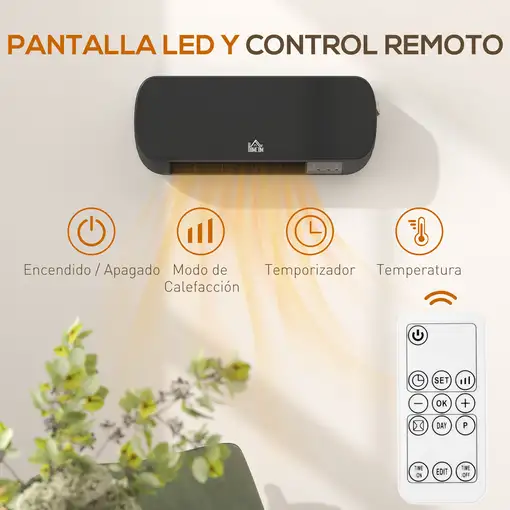 Calefactor Eléctrico de Pared 1000W/2000W Control Remoto 45x18,6x11,5 cm HOMCOM