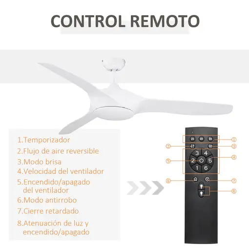 Ventilador de Techo Ø132 cm con Luz LED Mando y 3 Aspas Reversibles HOMCOM