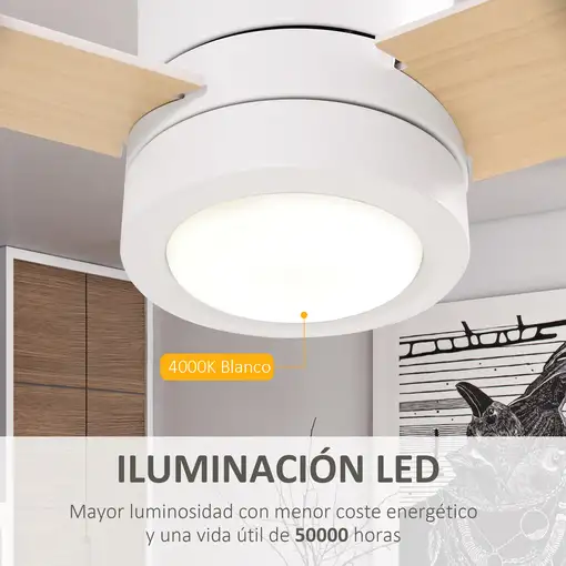 Ventilador de Techo 48W con Luz LED Mando a Distancia y 3 Aspas de Madera HOMCOM