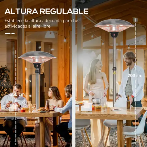 Calefactor de Pie de Exterior 1200/1800/3000W Ø58,5x160-200 cm Plata Outsunny