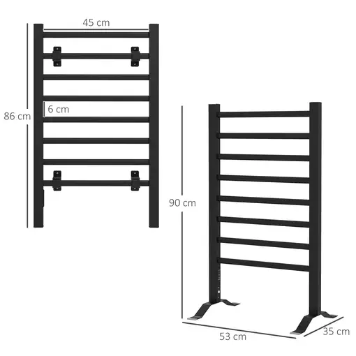 Toallero Eléctrico de Pared o Suelo con 8 Barras 53x35x90 cm Negro HOMCOM