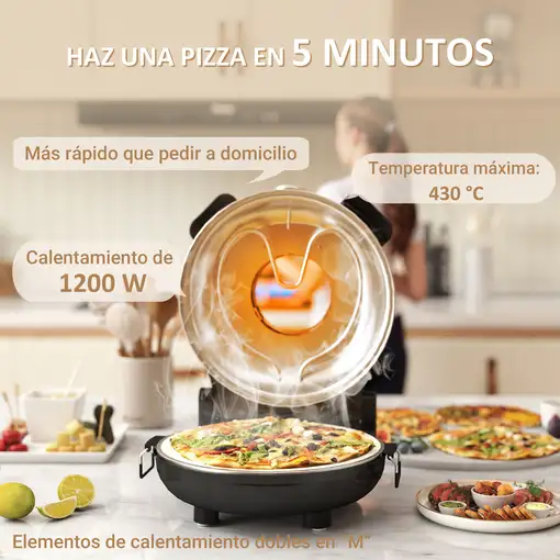 Horno para Pizza en 5 Minutos 1200W Temporizador 15min Negro HOMCOM
