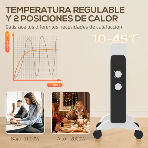 Radiador Eléctrico bajo Consumo 2000 W con Ruedas Panel Calefactor Blanco HOMCOM