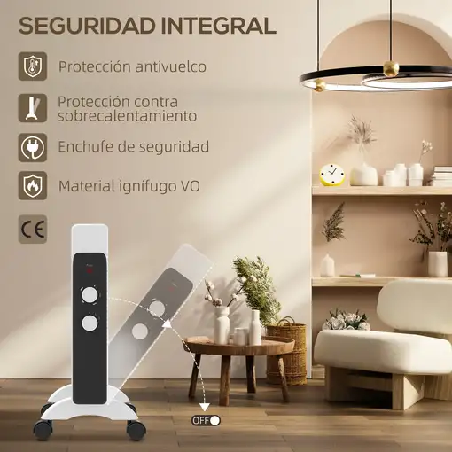 Radiador Eléctrico bajo Consumo 2000 W con Ruedas Panel Calefactor Blanco HOMCOM