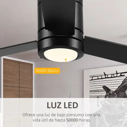 Ventilador de Techo 48W con Luz LED Mando a Distancia y 3 Aspas de Madera HOMCOM