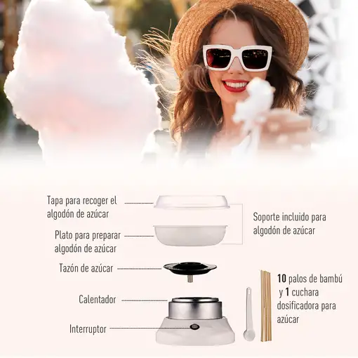Máquina Nube Algodón Azúcar Profesional 450W-550W 27x26x18cm Acero Blanco HOMCOM