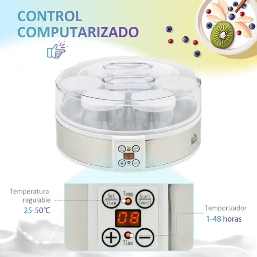 Yogurtera 20W 1,26L con 7 Tarros de Cristal de 180 ml 24x24x13 cm Blanco HOMCOM