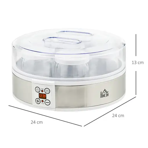 Yogurtera 20W 1,26L con 7 Tarros de Cristal de 180 ml 24x24x13 cm Blanco HOMCOM