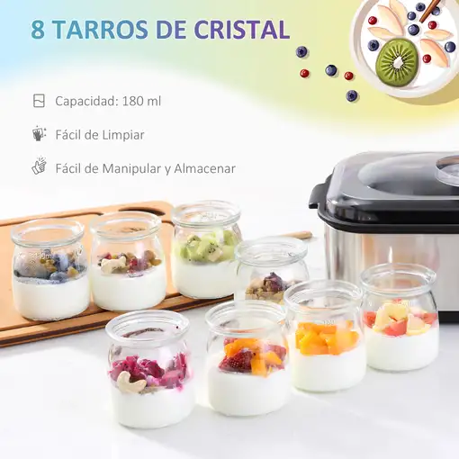 Yogurtera Capacidad 1,44L con 8 Tarros 180ml Temporizador y Termostato HOMCOM