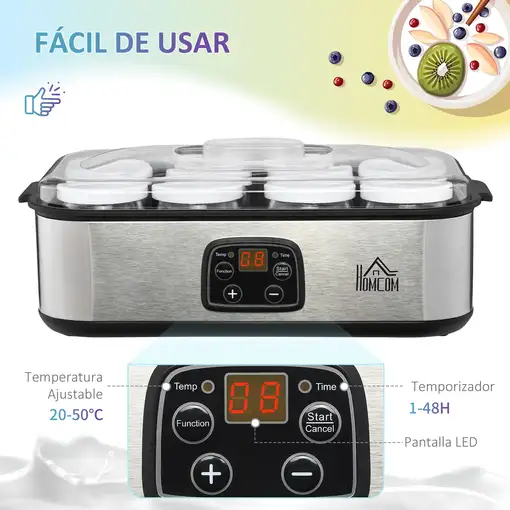 Yogurtera Capacidad 1,44L con 8 Tarros 180ml Temporizador y Termostato HOMCOM