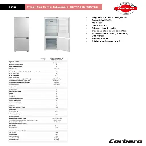 Frigoríficos сombis Integrado 248 L No aplicable CCM1754NFEINTEG CORBERO