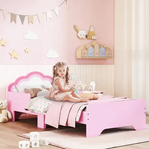 Cama Infantil 70x140 cm con Barrera Anticaídas y Somier Rosa ZONEKIZ