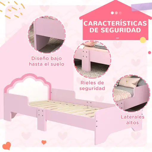 Cama Infantil 70x140 cm con Barrera Anticaídas y Somier Rosa ZONEKIZ