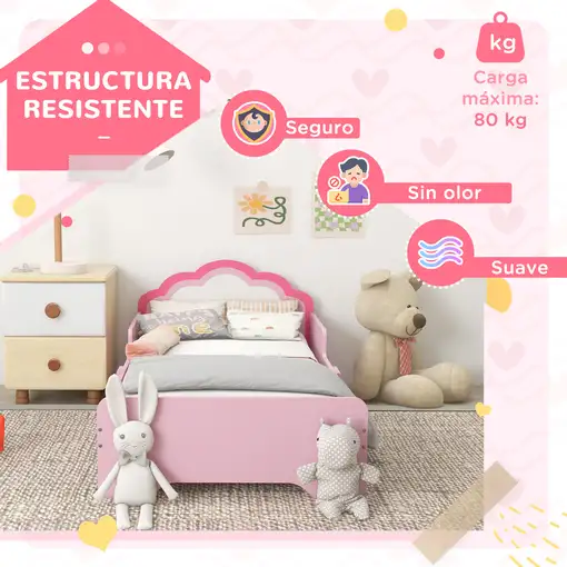Cama Infantil 70x140 cm con Barrera Anticaídas y Somier Rosa ZONEKIZ