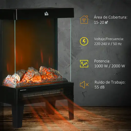 Chimenea Eléctrica 1000W/2000W con Llama LED Ajustable 40,5x20x62cm Negro HOMCOM