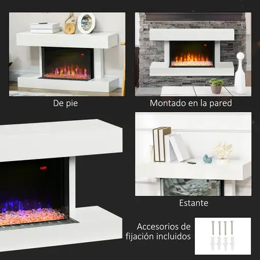 Chimenea Eléctrica Silencioso 1000W/2000W 98x27x54,5 cm Blanco HOMCOM