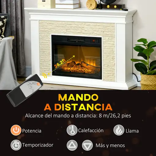 Chimenea Eléctrica con Calefacción 1800W Efecto Llama 120x24x80 cm Blanco HOMCOM