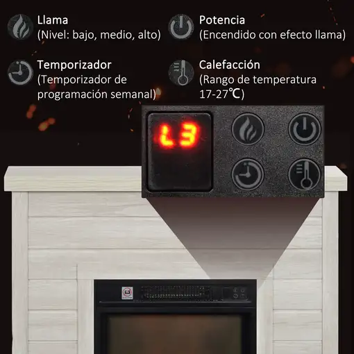 Chimenea Eléctrica 1800W con Efecto de Llama para Sala 30 m² Madera Clara HOMCOM