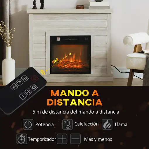Chimenea Eléctrica 1800W con Efecto de Llama para Sala 30 m² Madera Clara HOMCOM