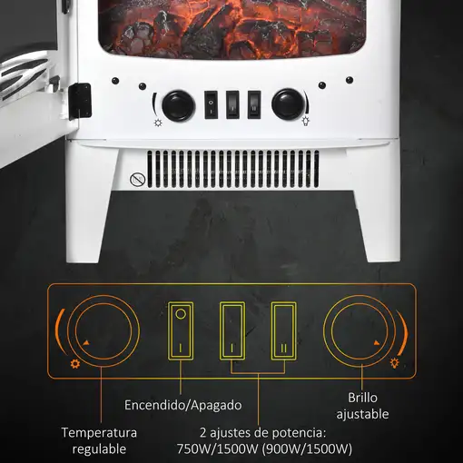 Chimenea Eléctrica 900W/1800W con Ventanas 39x26x54,8 cm Blanco HOMCOM