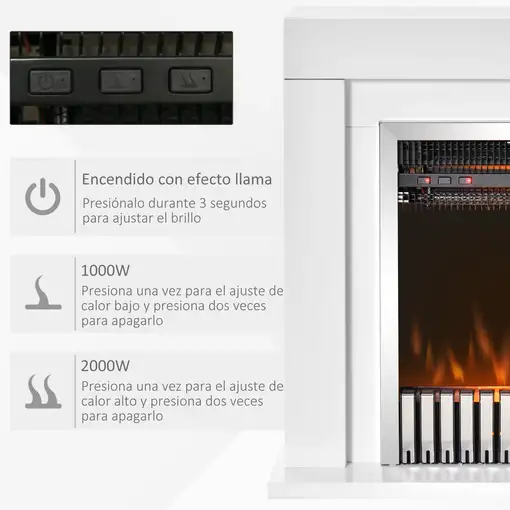 Chimenea Eléctrica 1000/2000W con Llama Mando a Distancia Temporizador HOMCOM