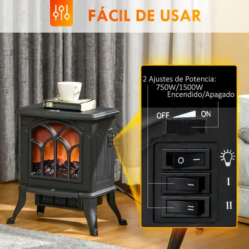 Chimenea Eléctrica de Pie 750/1500 W Área de Cobertura 15-20 m² Negro HOMCOM