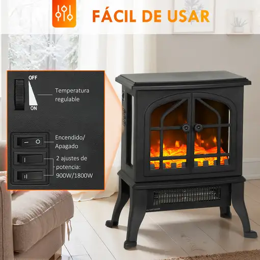 Chimenea Eléctrica de Pie 900/1800W Efecto Llama 3D Negro HOMCOM