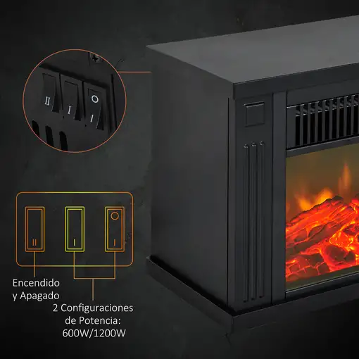 Chimenea Eléctrica Portátil Llama Simulada Ajustable 600/1200W Termostato HOMCOM