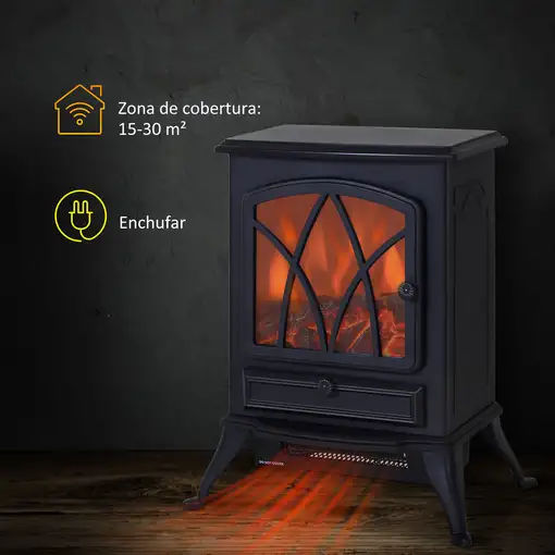 Chimenea Eléctrica Pie 1000W/2000W Movible Decorativo Efecto Llamas Negro HOMCOM