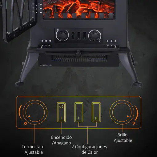 Chimenea Eléctrica Pie 1000W/2000W Movible Decorativo Efecto Llamas Negro HOMCOM