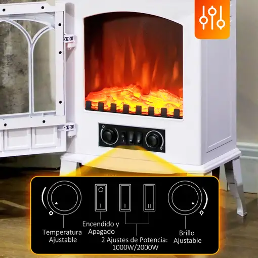 Chimenea Eléctrica 1000W/2000W con Efecto de Llama 39x23x56,5 cm Blanco HOMCOM