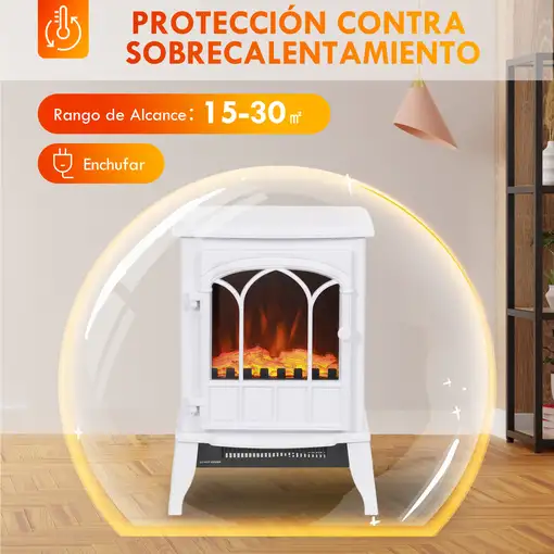 Chimenea Eléctrica 1000W/2000W con Efecto de Llama 39x23x56,5 cm Blanco HOMCOM