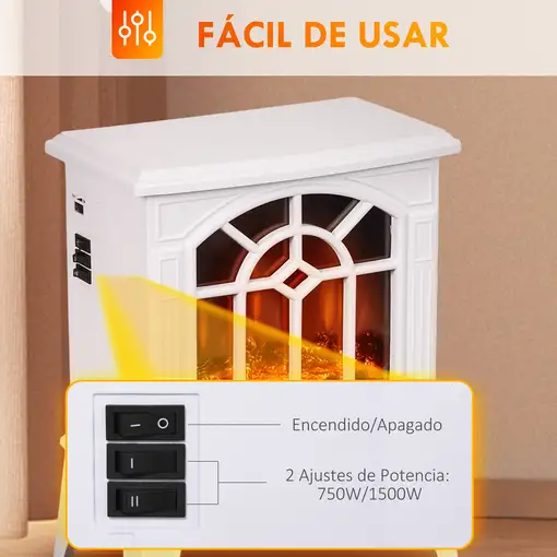 Chimenea Eléctrica 1000 W/2000 W 36,5x24x46 cm Blanco HOMCOM