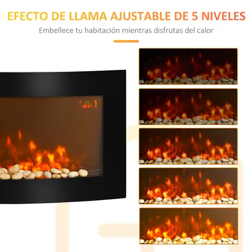 Chimenea Eléctrica de Pared 1000W/2000W Efecto de Llamas Luz LED Negro HOMCOM