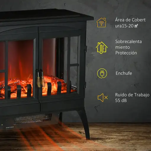 Chimenea Eléctrica 1000 W/2000 W con Ventanas 60x37x60,5 cm Negro HOMCOM