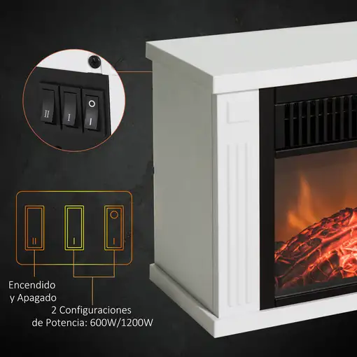 Chimenea Eléctrica Pequeña Efecto Llamas 600/1200W Termostado 34x17x25cm HOMCOM