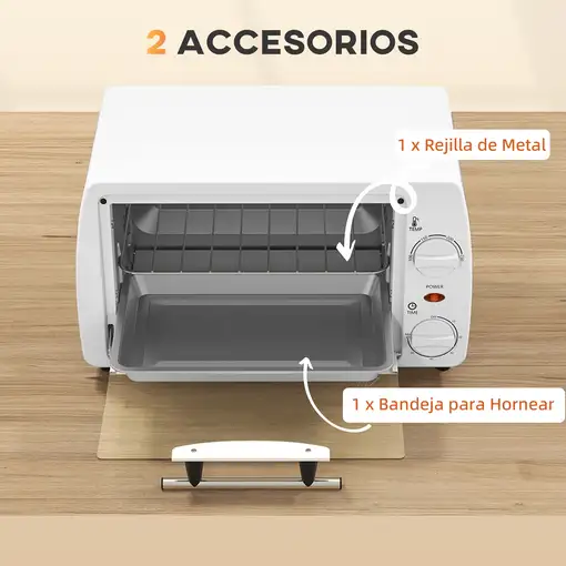 Horno Eléctrico Sobremesa 10 Litros 750W 36,5x26x22 cm Blanco HOMCOM