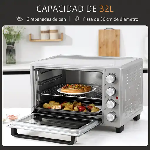 Mini Horno Eléctrico 32L 1600W 52,2x38,1x33,5 cm Plata HOMCOM