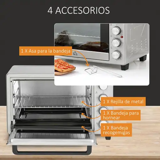 Mini Horno Eléctrico 32L 1600W 52,2x38,1x33,5 cm Plata HOMCOM