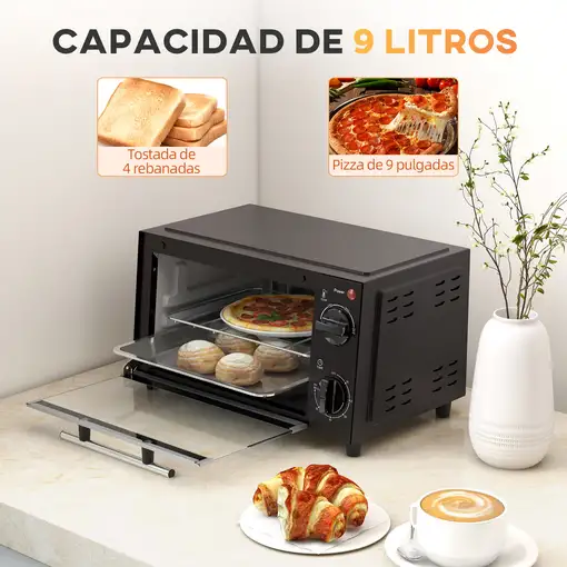 Mini Horno Eléctrico 9L 50W con Temperatura Ajustable Temporizador Negro HOMCOM