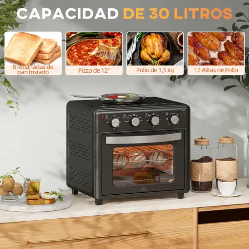 Horno Eléctrico Multifunción de Sobremesa de 30L 1600W 43x39x39cm Negro HOMCOM