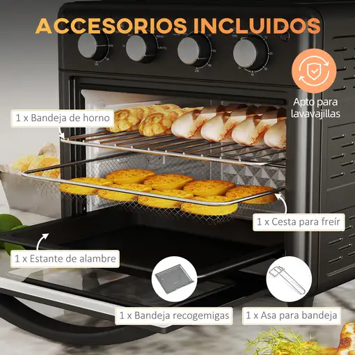 Horno Eléctrico Multifunción de Sobremesa de 30L 1600W 43x39x39cm Negro HOMCOM