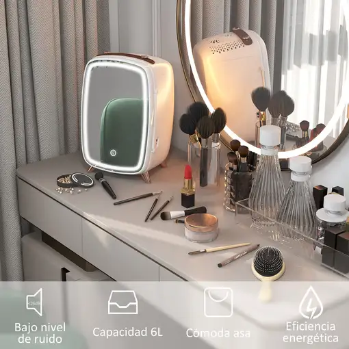 Nevera Cosméticos 6L 9V con Puerta con Espejo 24,3x19,4x35,6 cm Blanco HOMCOM